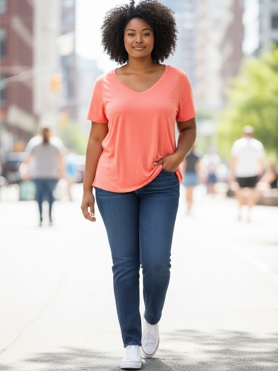 torrid Tops - Torrid Coral V-Neck Slub Knit Tee Plus Size 1 Short Sleeve Top